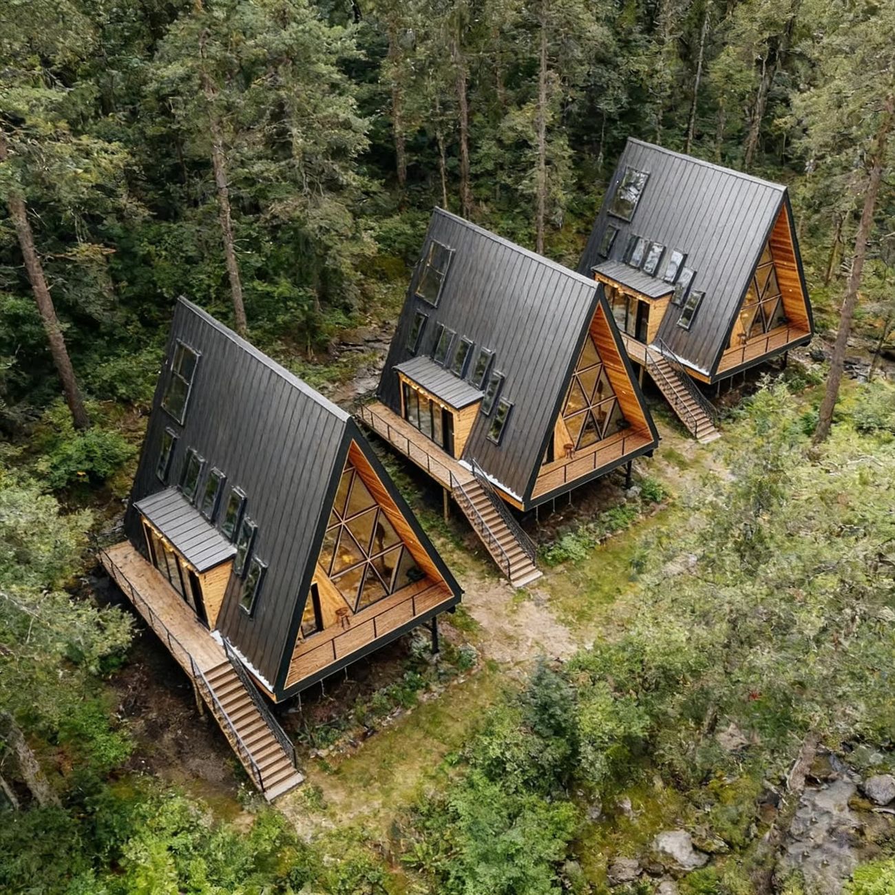 Three modern A-frame cabins in a forest, aerial view