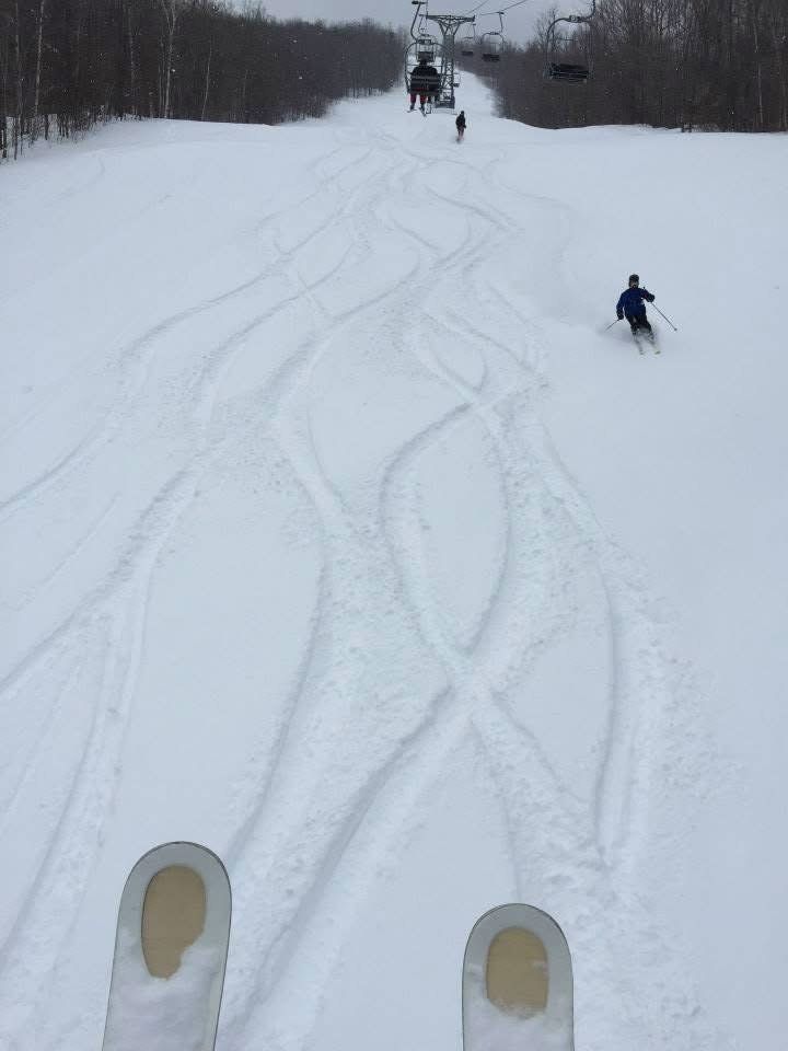 Fresh ski tracks carved through untouched powder